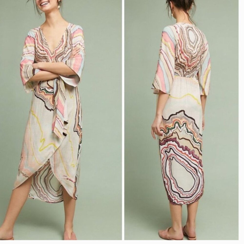 Conditions Apply Tara Dolman-Sleeved Midi Abstract Pastels Geode Dress sz XS